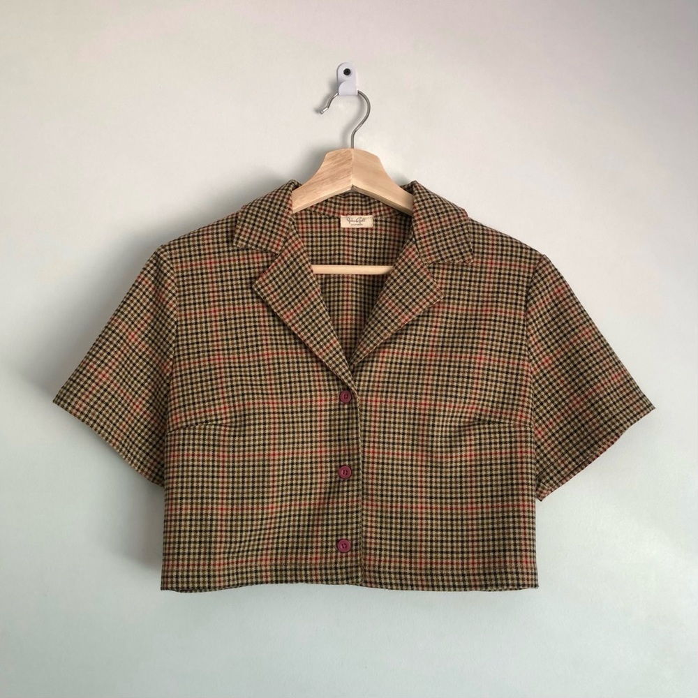 John Galt Cropped Plaid Short-Sleeve Blazer